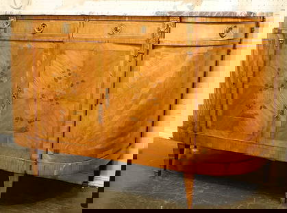 French Louis XVI Marquetry Sideboard with Marble Top, Veneer Loss Noted, 39 7/8" High.: French Louis XVI Marquetry Sideboard with Marble Top, Veneer Loss Noted, 39 7/8" High.