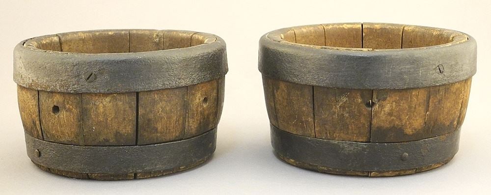 Pair of Iron Bound Staved Wood Wine Coasters, 3 1/4 x 5 3/4" Diameter.: Pair of Iron Bound Staved Wood Wine Coasters, 3 1/4 x 5 3/4" Diameter.