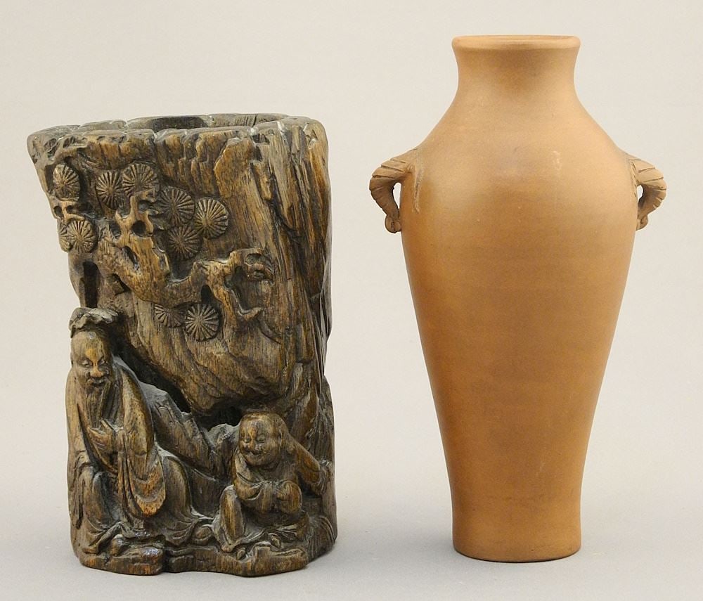 Chinese Wood Brush Pot, (4 7/8"H) & Yixing Ware Vase (5 3/4"H). (1 of 7)
