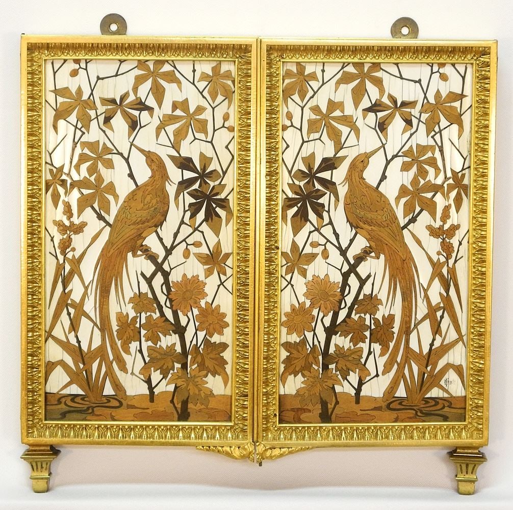 French Gilt Bronze & Specimen Marquetry Triptych Mirror, 12 1/2" x 12 5/8" x 1 1/4", NO EXPOR (1 of 11)