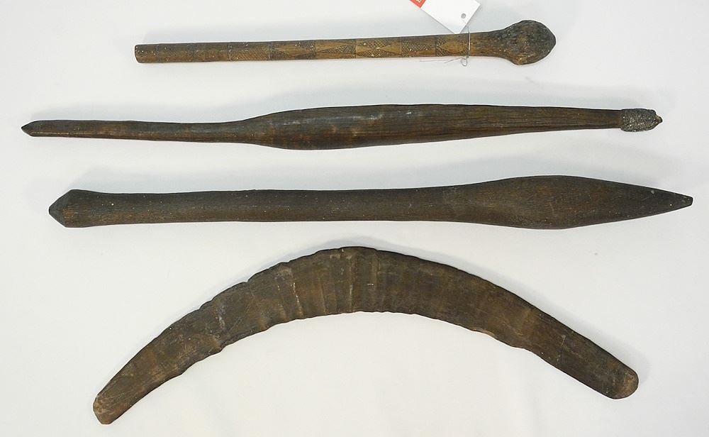 3 Australian Digging Sticks & Boomerang, 16 5/8 - 25 3/8"L, Collected 1890/91.: 3 Australian Digging Sticks & Boomerang, 16 5/8 - 25 3/8"L, Collected 1890/91.