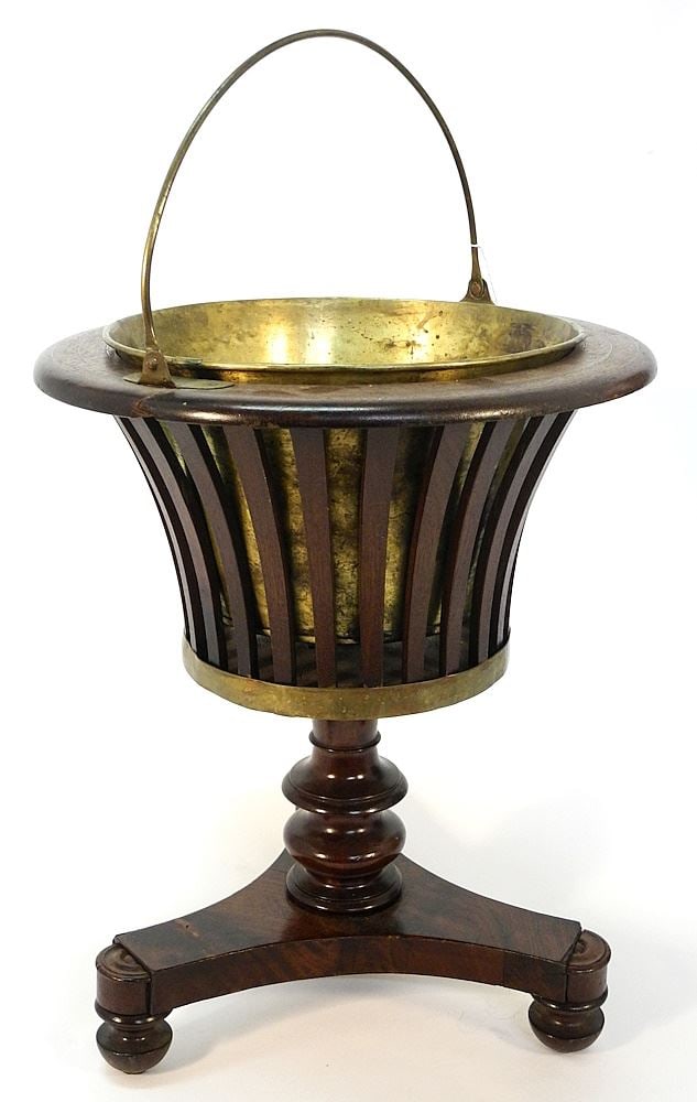 19th C. Inlaid Mahogany Jardiniere with Brass Liner, 17 3/4"H.: 19th C. Inlaid Mahogany Jardiniere with Brass Liner, 17 3/4"H.