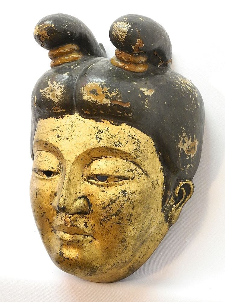 Japanese Noh Mask, Female, Gilt Composition, 12" x 8 1/8" x 5 3/8": Japanese Noh Mask, Female, Gilt Composition, 12" x 8 1/8" x 5 3/8"