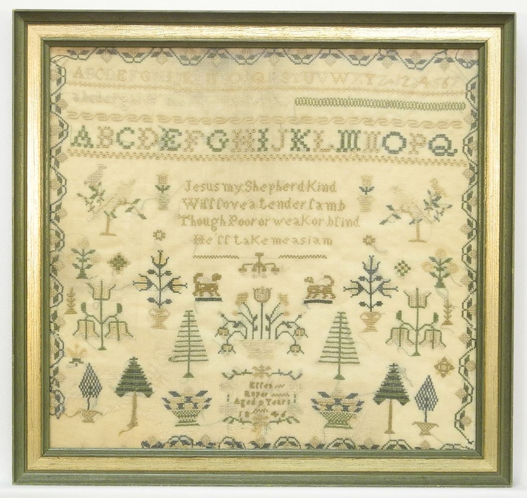 Needlepoint Sampler: Ellen Roper, Aged 9 Years 1846, 11 1/8" x 12". - (1 of 4)
