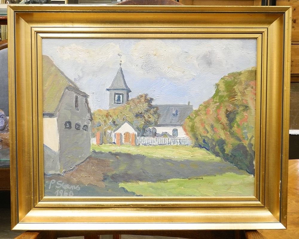 Oil on Canvas Signed P. Sleenvo 1960, 12 3/4" x 16 3/4", "Untitled- Scandinavian Church".: Oil on Canvas Signed P. Sleenvo 1960, 12 3/4" x 16 3/4", "Untitled- Scandinavian Church".