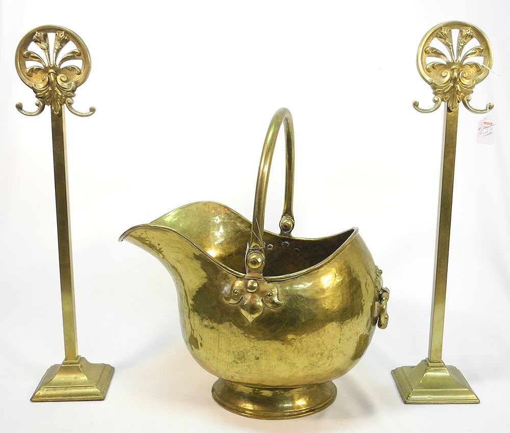 Pair of Brass Andirons (23 7/8"H) & A Brass Coal Scuttle, 12"H. (1 of 3)
