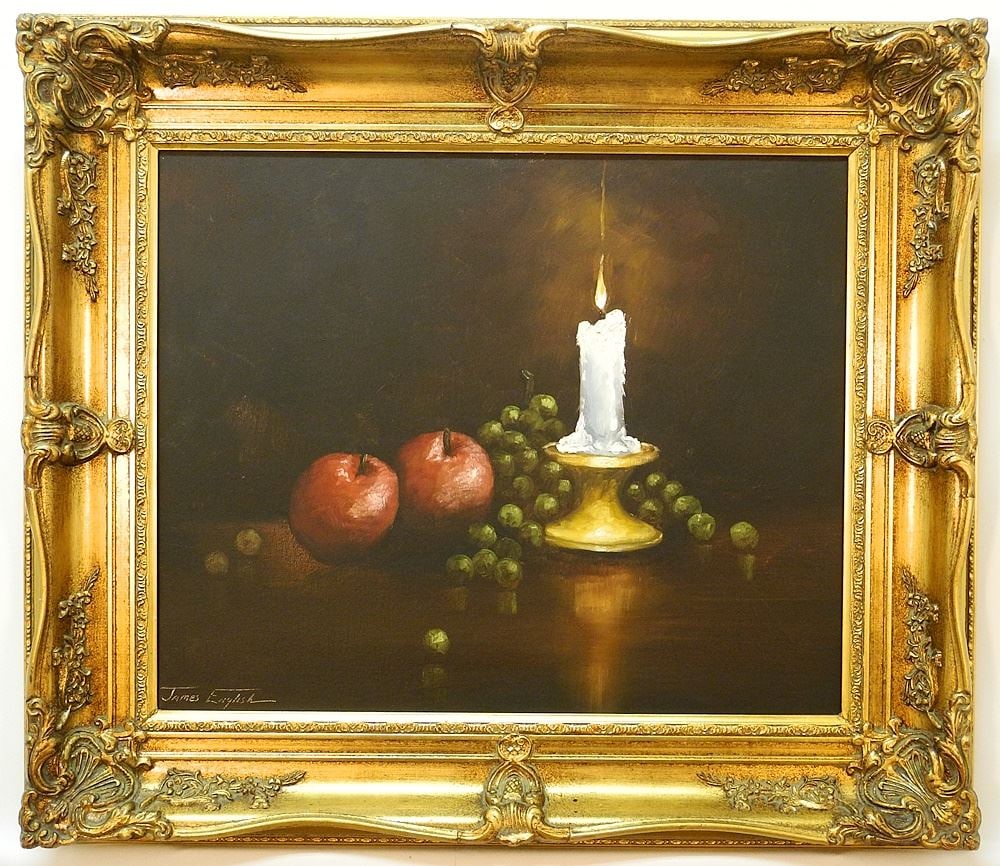 Oil on Canvas signed James English, 17 1/2 x 21 1/2", "Still Life with Candle, Grapes & Apples". (1 of 5)