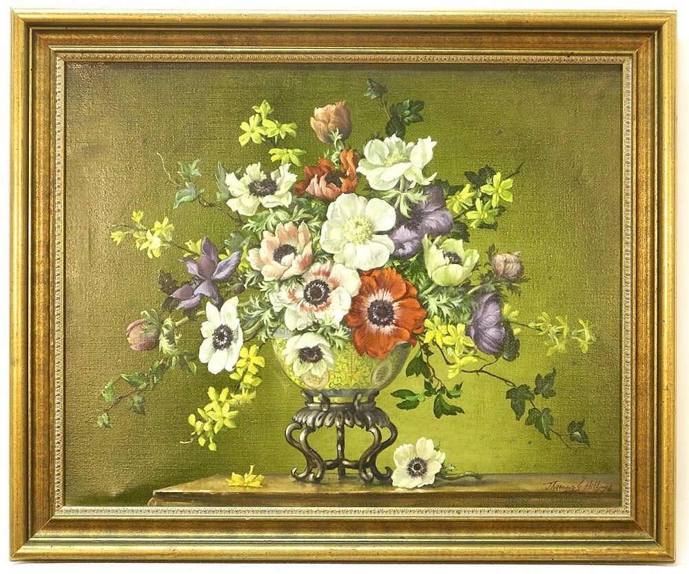 Oil on Canvas signed Thomas G. Hill 76', 15 1/2 x 19 1/2", "Chinese Bowl with Flowers". (1 of 3)