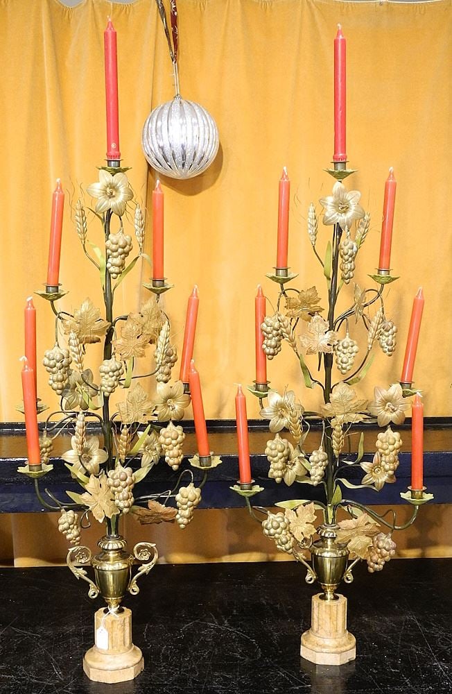 Pair of Ornate Gilt Metal Candelabra Atop Marble Bases. (1 of 8)