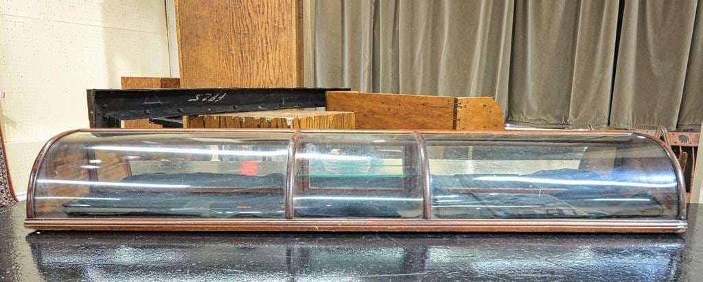 Antique Mahogany Convex Glass Showcase, 8" x 59 1/2" x 12". (1 of 1)