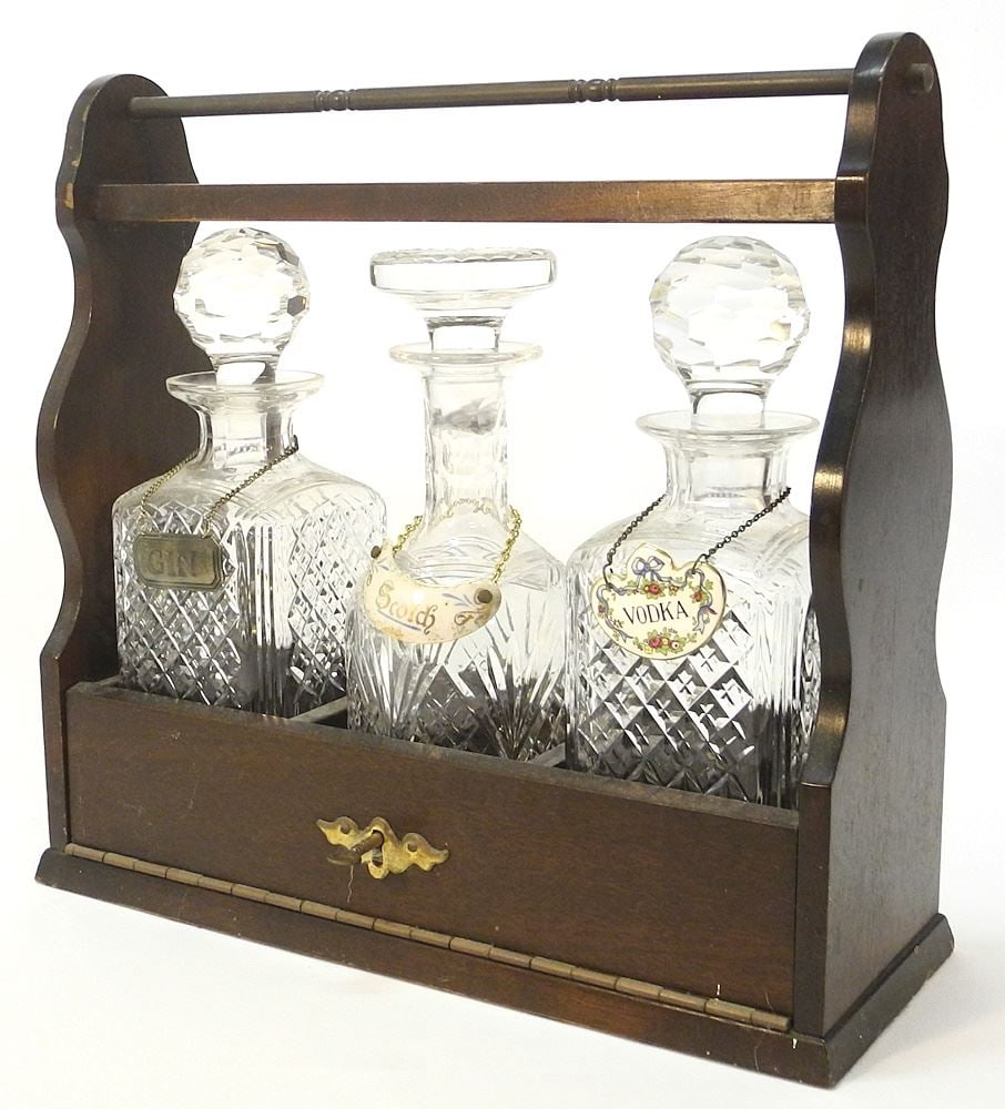 Mahogany 3 Bottle Tantalus with Key & Labels, 1 Bottle Replaced, 15"W. (1 of 4)