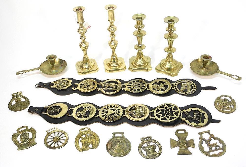 Collection of Brass Wares: 2 Pair of Candlesticks / Egyptian Chambersticks / Horse Bras (1 of 6)