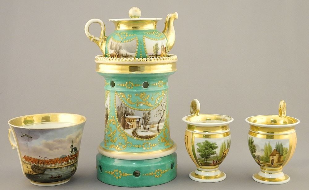 Russian Porcelain Tea Pot Warmer (9 1/8") & 3 Cups (restoration noted).: Russian Porcelain Tea Pot Warmer (9 1/8") & 3 Cups (restoration noted).