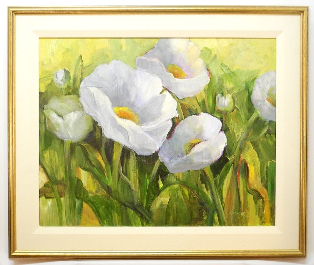 Oil on Canvas signed L (Lisa) Wirth 08', 23 3/8" x 29 1/2", "White Poppies".: Oil on Canvas signed L (Lisa) Wirth 08', 23 3/8" x 29 1/2", "White Poppies".