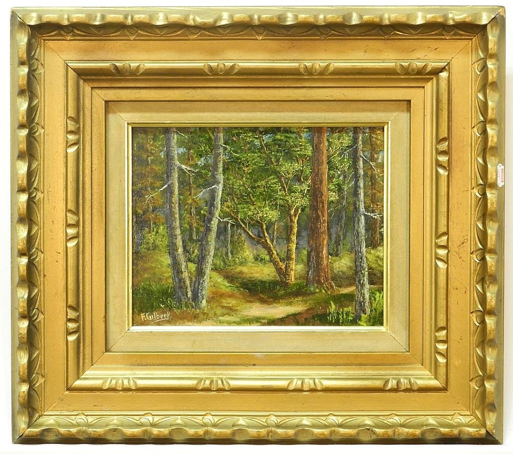 Oil on Masonite signed F. Gilbert, 7 1/2 x 9 3/8", Untitled Forest Glade. (1 of 3)