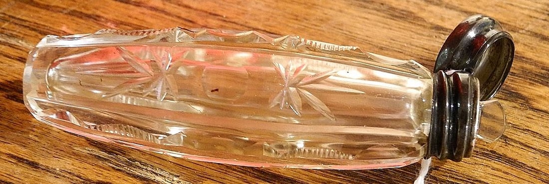 Cut Crystal Scent Bottle with Sterling (marked) Silver Cap and Glass Topper.: Cut Crystal Scent Bottle with Sterling (marked) Silver Cap and Glass Topper.
