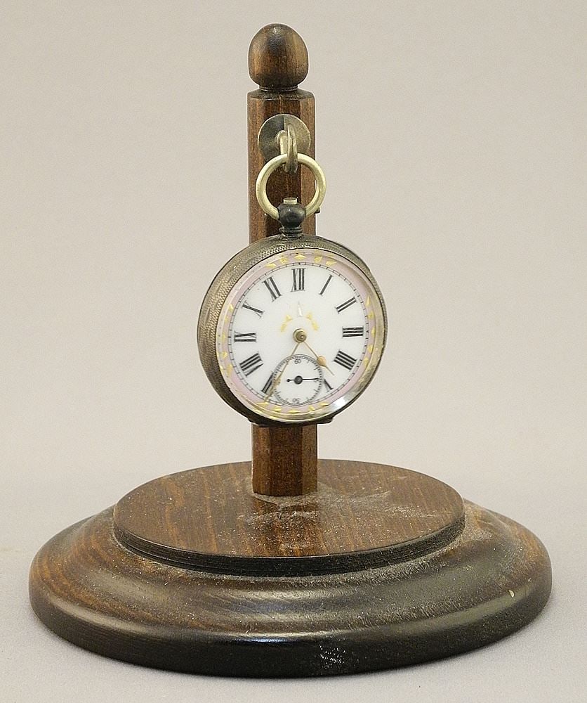 935 Silver (marked) Pocket Watch, TW 50.7 Grams, 1 9/16" Diameter, Includes Stand. (1 of 6)