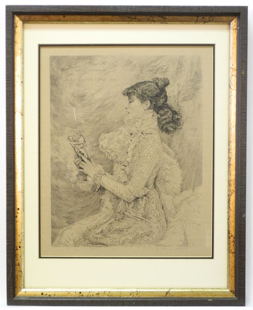 Etching signed J. (Jules) Bastien- LePage, 10 5/8 x 8 3/4", "Sarah Bernhardt". (1 of 3)