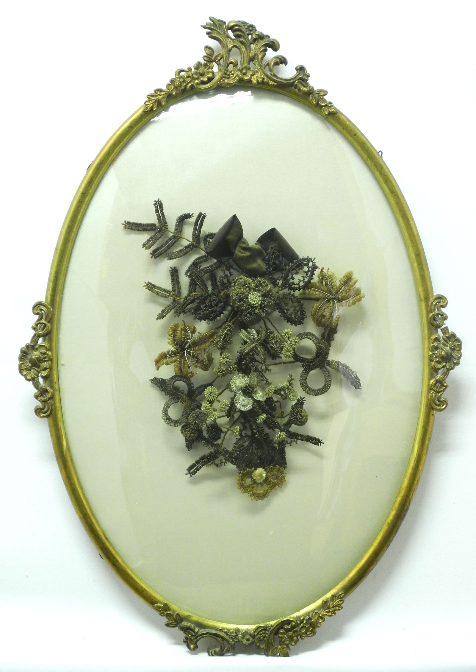 19th C. Hair Art Bouquet in Convex Glass Frame, 23" x 15 1/2" x 1 1/4". (1 of 2)