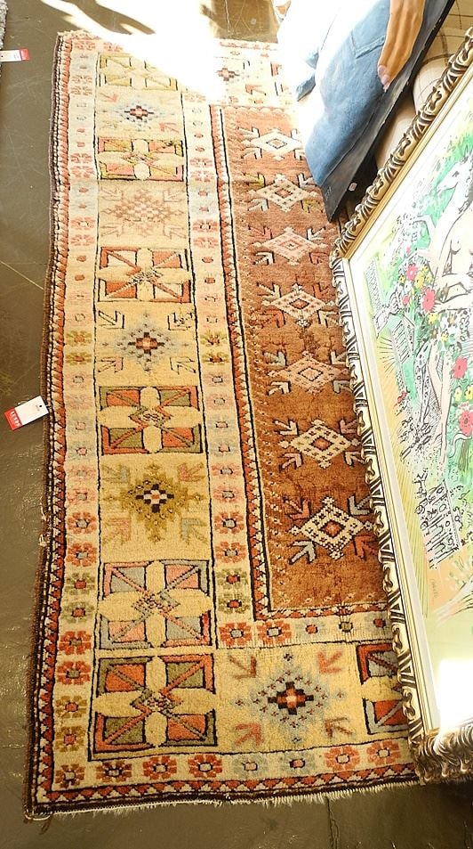 Hand Knotted Turkish Carpet, Pale Yellow Border, Approximately 5'10" x 3'5". (1 of 2)