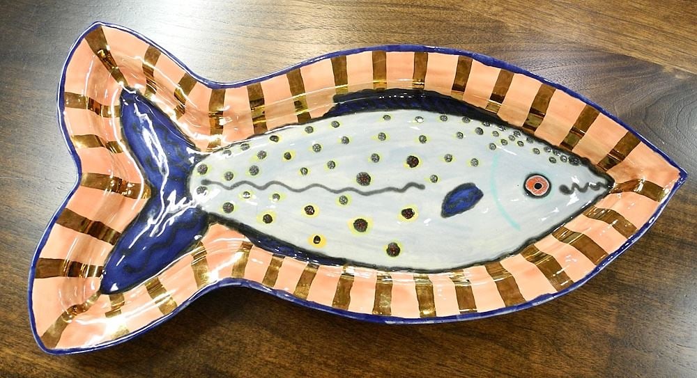 Pottery Dish signed S. (Sandra) Millot '88, 20 1/4"W, "Fish Design".: Pottery Dish signed S. (Sandra) Millot '88, 20 1/4"W, "Fish Design".