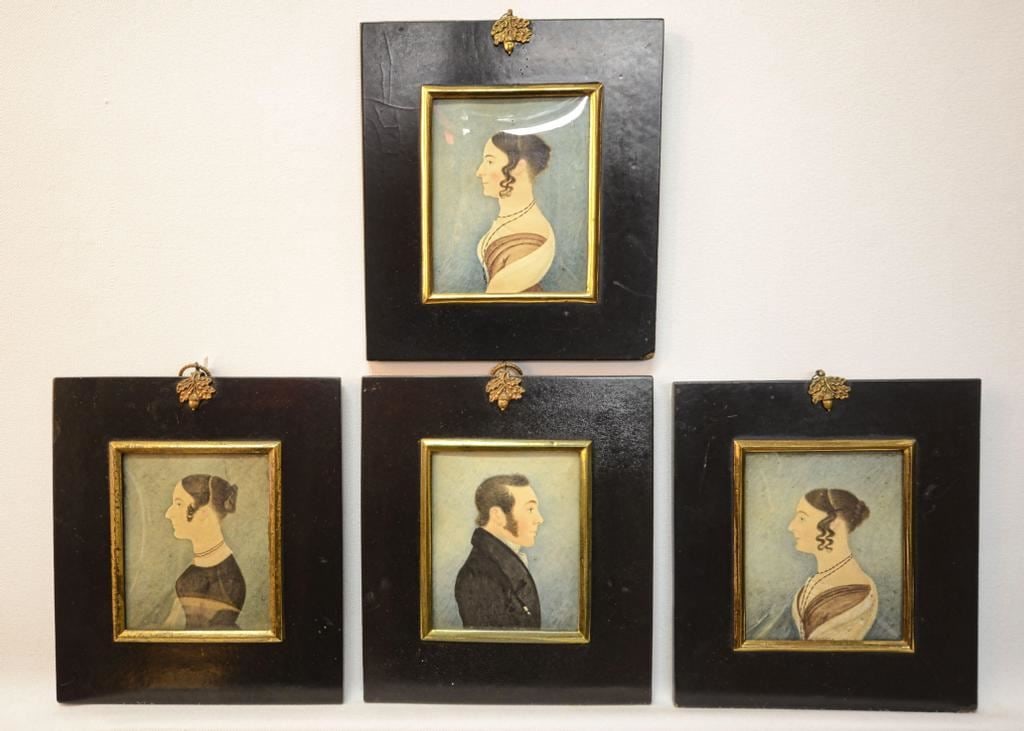 4 Portrait Miniatures, 3 5/8" x 3", Watercolour on Paper, "Unknown Sitters". (1 of 2)