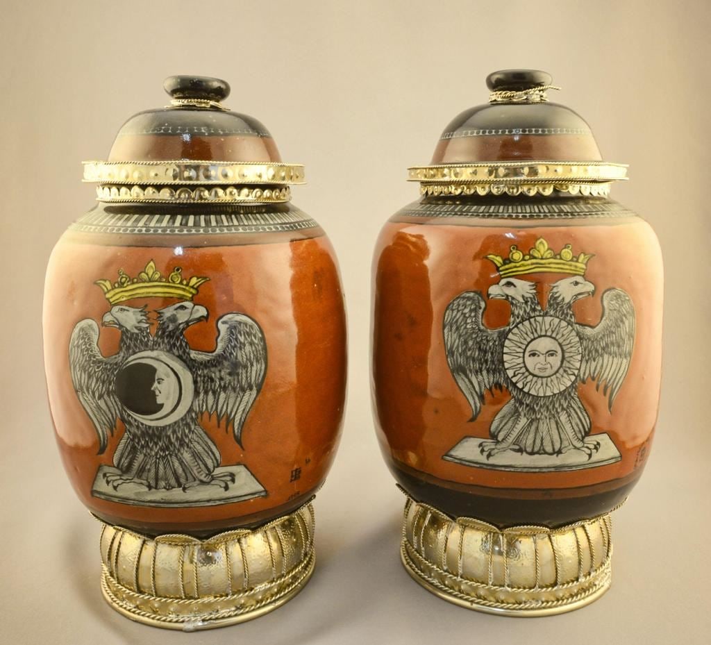 Pair of Pottery Vases & Goblet Monogrammed Jose Guerrero Santos, 11 & 7 1/8"H. (1 of 3)