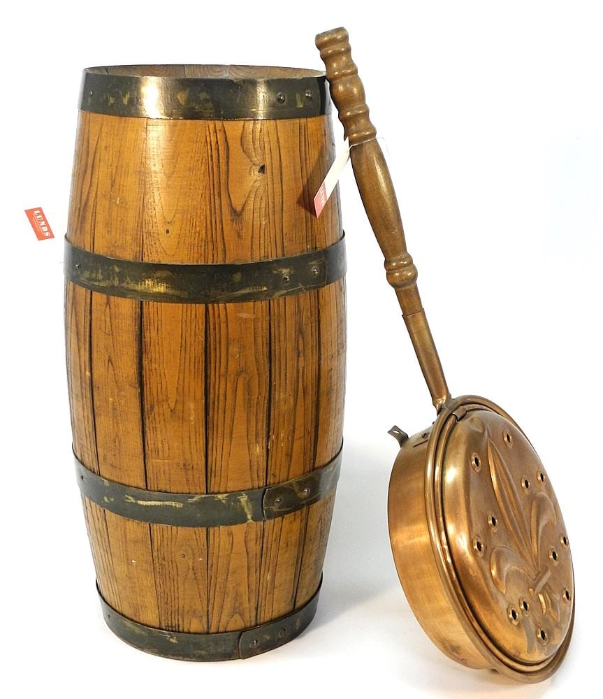 Staved Oak Barrel (22 3/4"H) & Copper Fleur-de-lis Bed Warmer, 26"L (1 of 5)