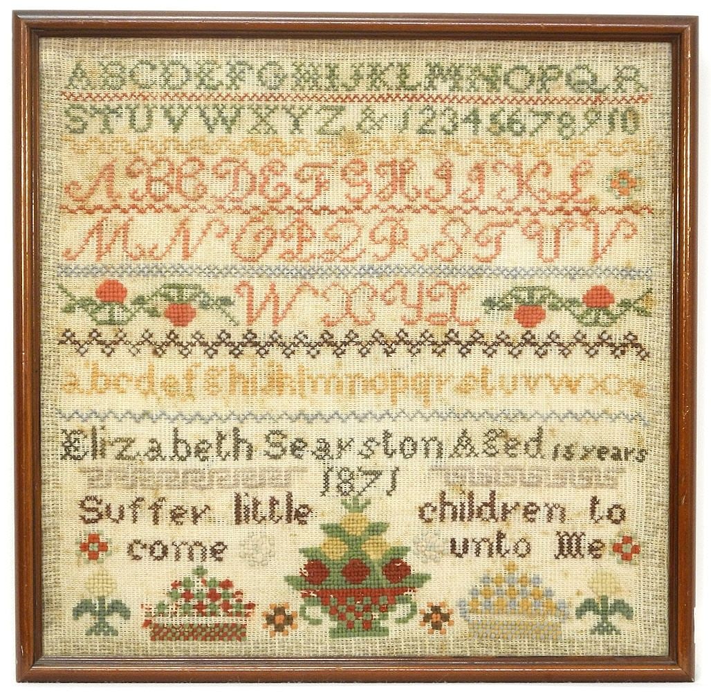 Needlepoint Sampler: Elizabeth Searston Aged 15 Years 1871, 11 3/4" x 12". (1 of 5)
