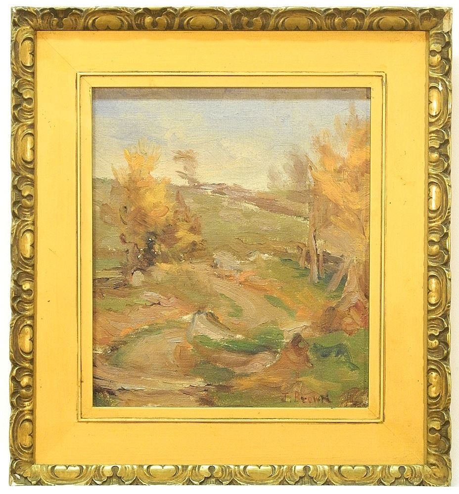 Oil on Board signed J. (Jean) Brown, 7 5/8 x 6 3/4", "A Country Hillside" OSA & AAM Verso 1912/13.: Oil on Board signed J. (Jean) Brown, 7 5/8 x 6 3/4", "A Country Hillside" OSA & AAM Verso 1912/13.