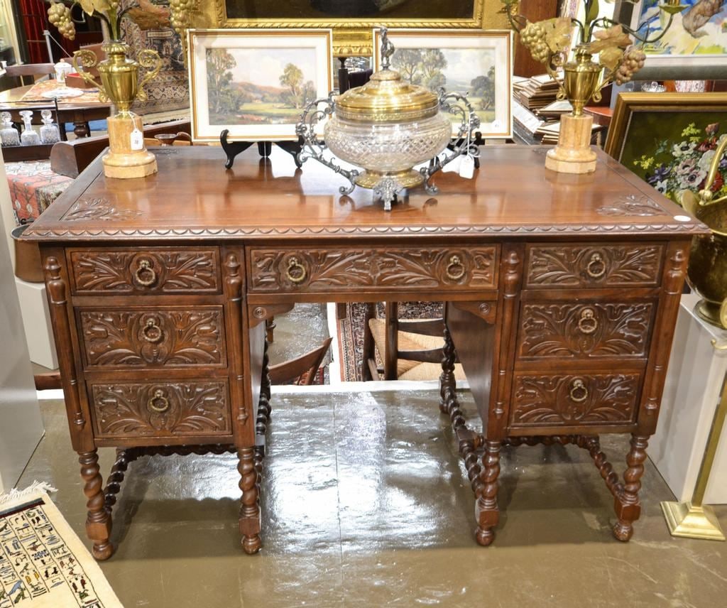 Carved Walnut Barley Twist Double Pedestal Desk, 50"W.: Carved Walnut Barley Twist Double Pedestal Desk, 50"W.