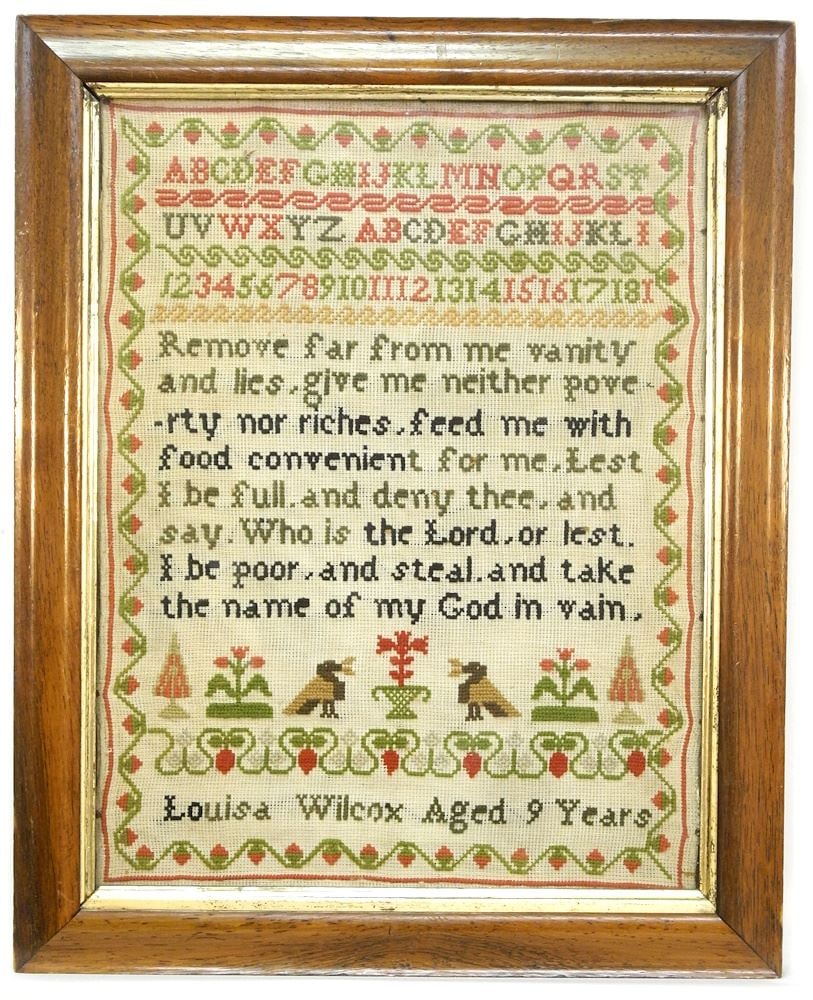Needlepoint Sampler: Louisa Wilcox Aged 9 Years, 16 5/8" x 13". (1 of 4)