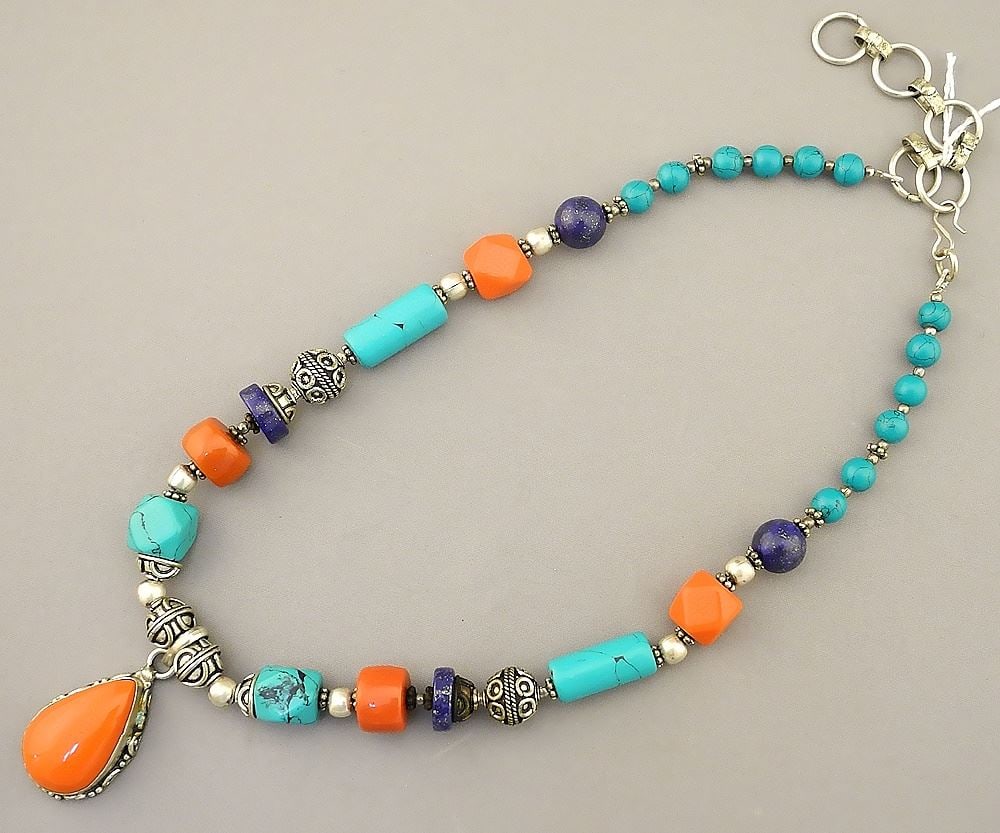 Tibetan Style Lapis & Turquoise Necklace, 21"L.: Tibetan Style Lapis & Turquoise Necklace, 21"L.