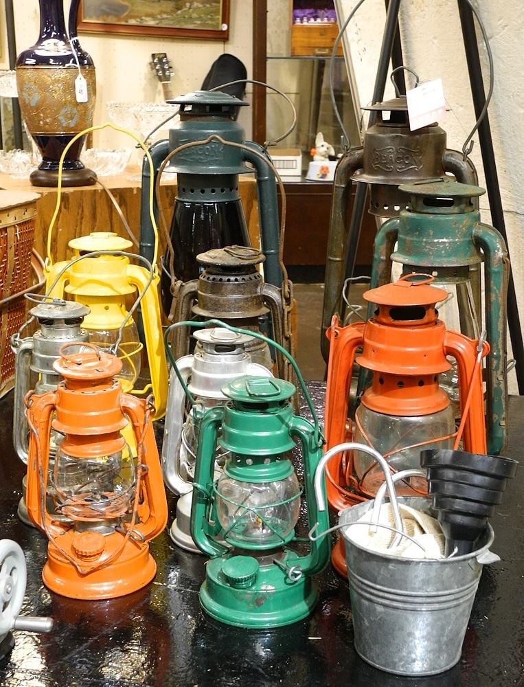 Collection of Hurricane Lamps: Red Lens / Winged Wheel / German / Chinese. (1 of 1)