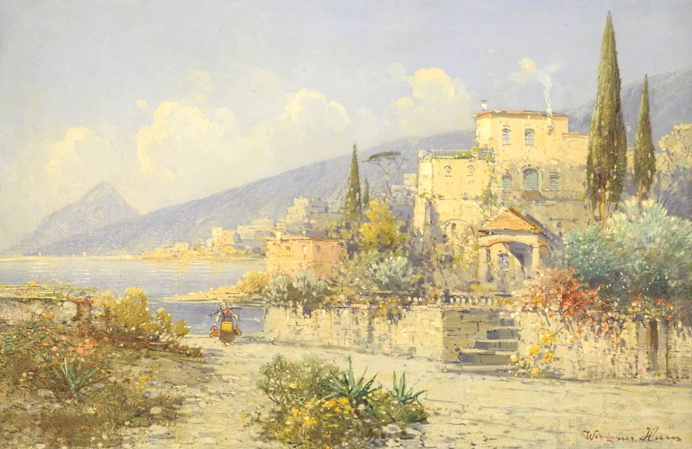 Oil on Canvas signed Wagner Hans, 20" x 30", "Amalfi Coast".: Oil on Canvas signed Wagner Hans, 20" x 30", "Amalfi Coast".