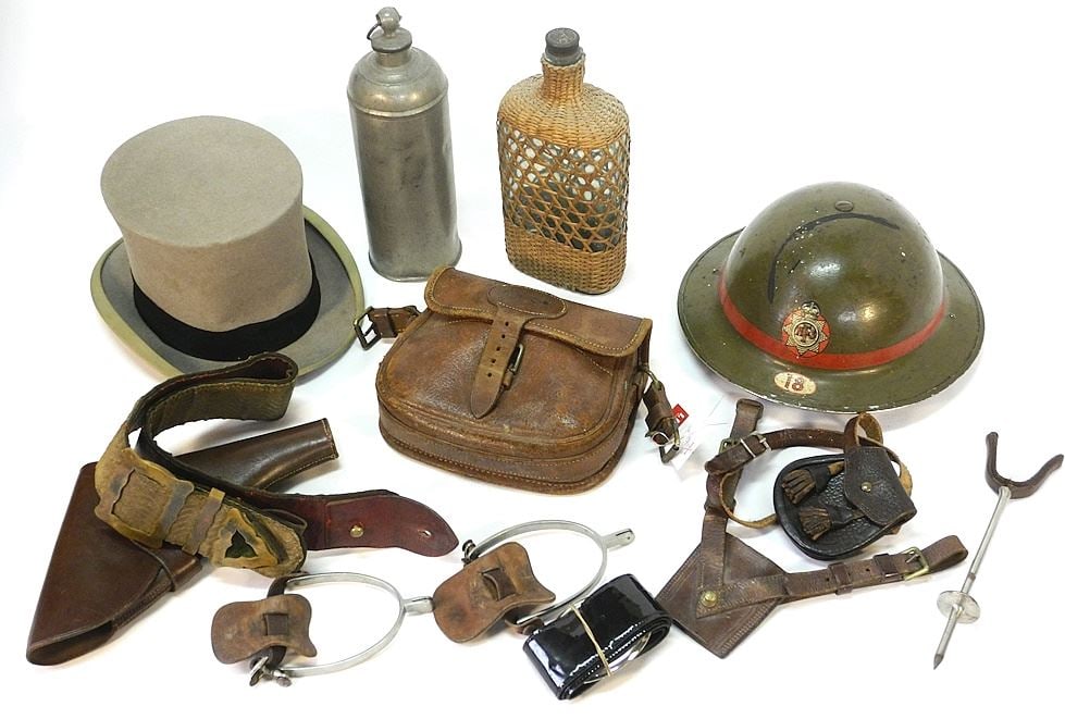 Collection of Militaria: Fire Service Helmet / Spurs / Belt / Holster / Top Hat. (1 of 3)