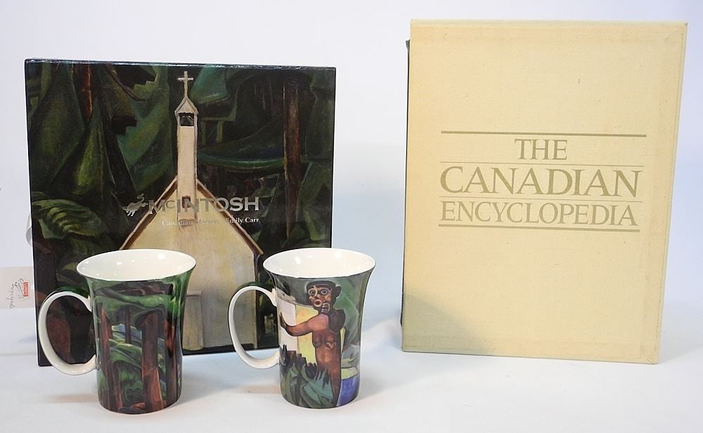 3 Volumes of Encyclopedias & 4 Bone China Coffee Mugs (boxed), Emily Carr Designs.: 3 Volumes of Encyclopedias & 4 Bone China Coffee Mugs (boxed), Emily Carr Designs.