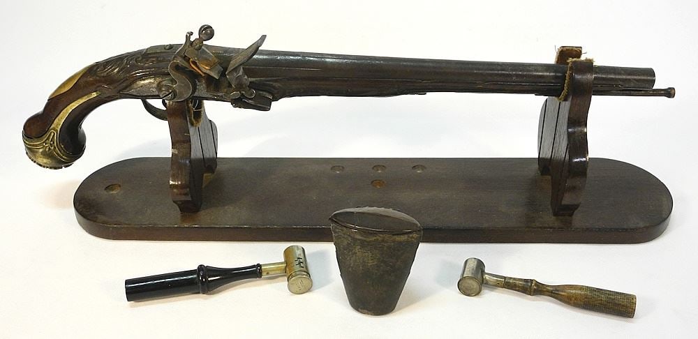 18th Century Flintlock Pistol (21 1/4"L) with Horn Container & Powder Measures, signed Indistinc: 18th Century Flintlock Pistol (21 1/4"L) with Horn Container & Powder Measures, signed Indistinc