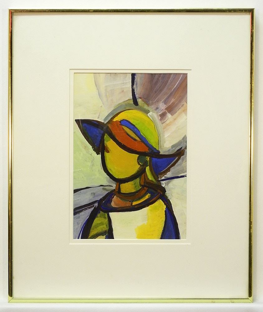 Gouache on Paper signed Mary Corneille, 10 1/4" x 7", "Oh That Hat".: Gouache on Paper signed Mary Corneille, 10 1/4" x 7", "Oh That Hat".