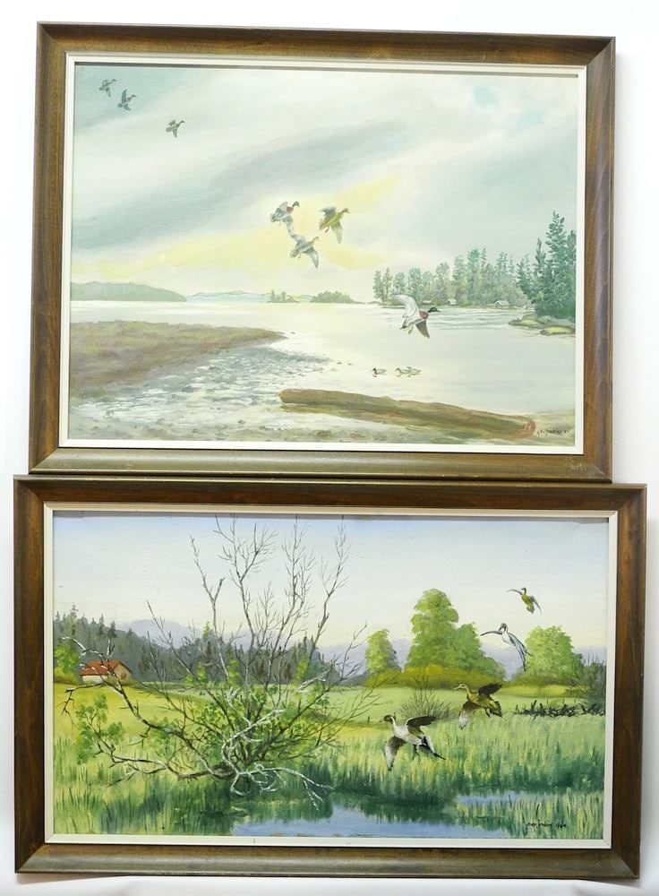 Pair of Oil on Canvas signed Geo. Jenkins '64, 17 1/2 x 23 1/2" & 15 x 25 3/4", "Ducks in Flight: Pair of Oil on Canvas signed Geo. Jenkins '64, 17 1/2 x 23 1/2" & 15 x 25 3/4", "Ducks in Flight