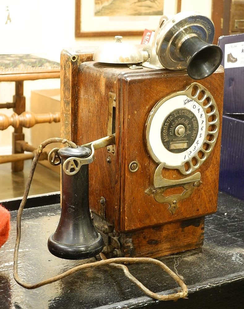 Automatic Electric Company Chicago USA Oak Wall Mounted Telephone, 12 1/4"H. (1 of 1)