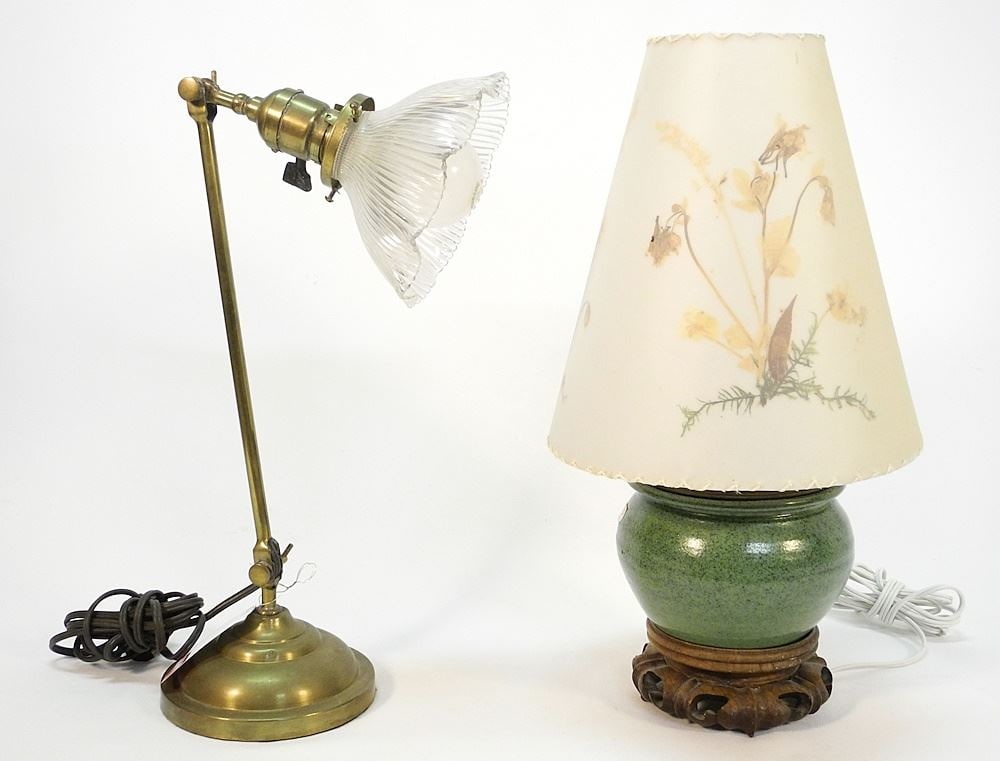 2 Table Lamps: Brass Anglepoise & Green Ceramic, Approximately 16"H. (1 of 3)