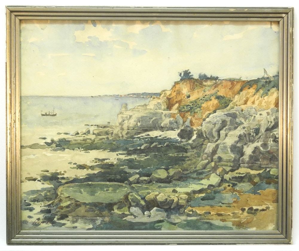 Watercolour signed L.(Louis) Beviere , 9 3/8 x 11 1/2", "French Coastal Scene". (1 of 4)