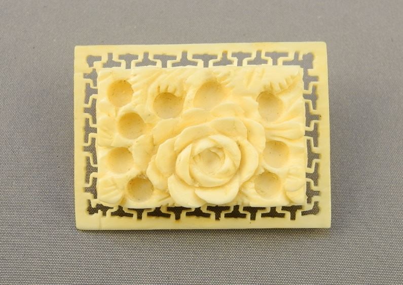 Ivory Brooch with Floral Carving, 1 2/3" High, No Export.: Ivory Brooch with Floral Carving, 1 2/3" High, No Export.