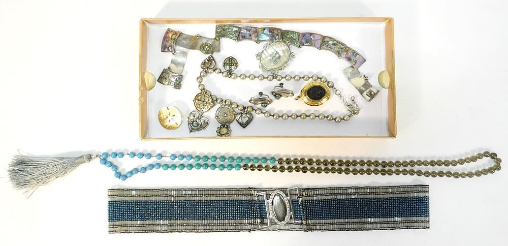 Collection of Sterling & Beaded Jewelry & signed Heart Necklace.: Collection of Sterling & Beaded Jewelry & signed Heart Necklace.