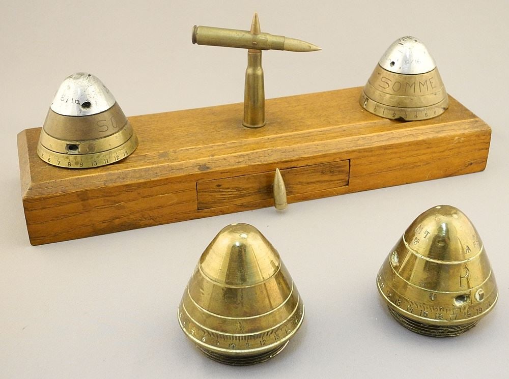 "Somme" Trench Art Desk Stand Made by Armourer J. Bartlett 154487, 11 3/4"W with 4 Nose Fuses (1 of 4)