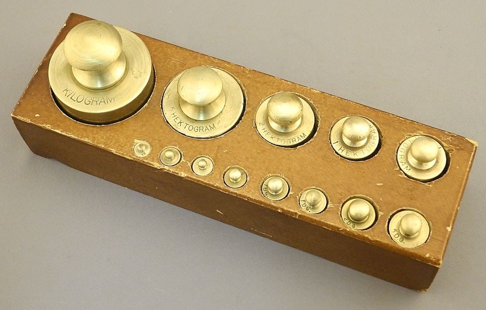 Set of European Metric Weights, 13 Pieces, 3 3/8 x 8 7/8 x 2 3/4". (1 of 3)