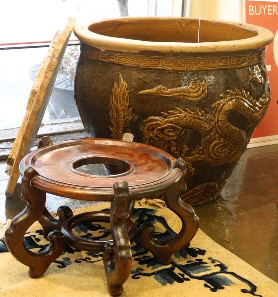 Chinese Stoneware Egg Crate with Wooden Cover & Stand, 16 1/2" x 19 1/4" Diameter. (1 of 5)