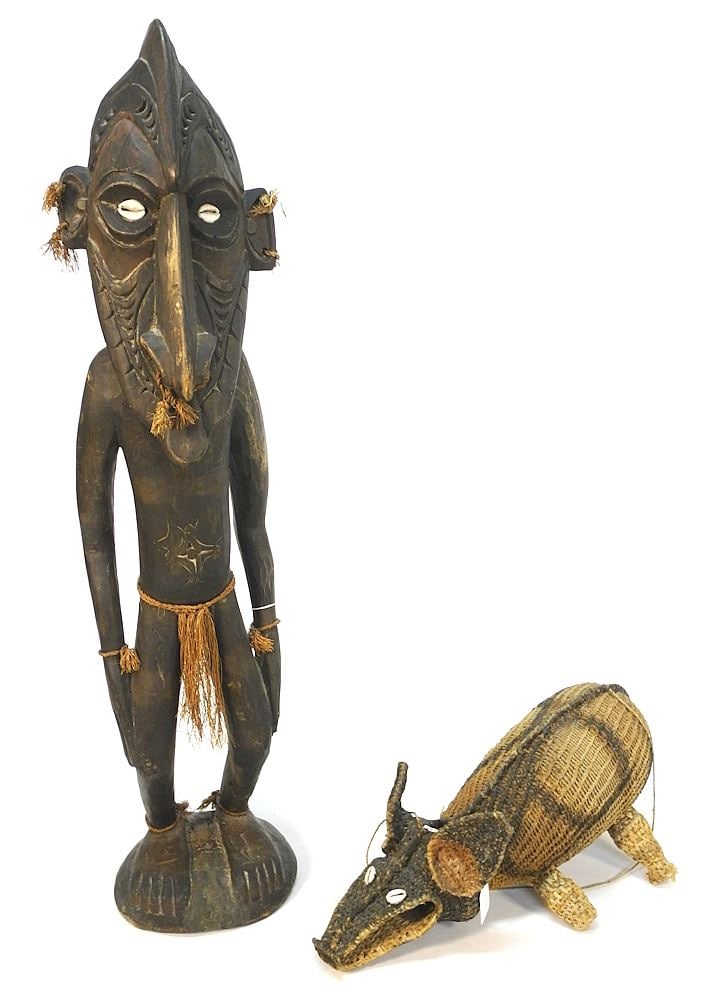 Papua New Guinea Ancestor Figure (33 1/2") & Woven Fibre Pig (18"L). (1 of 4)