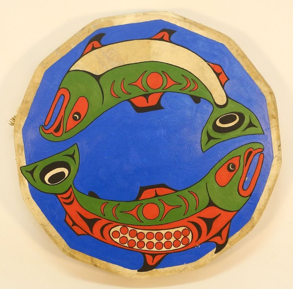 Northwest Coast Drum with Salmon Design, 16 3/4" Diameter x 2 3/8". (1 of 2)